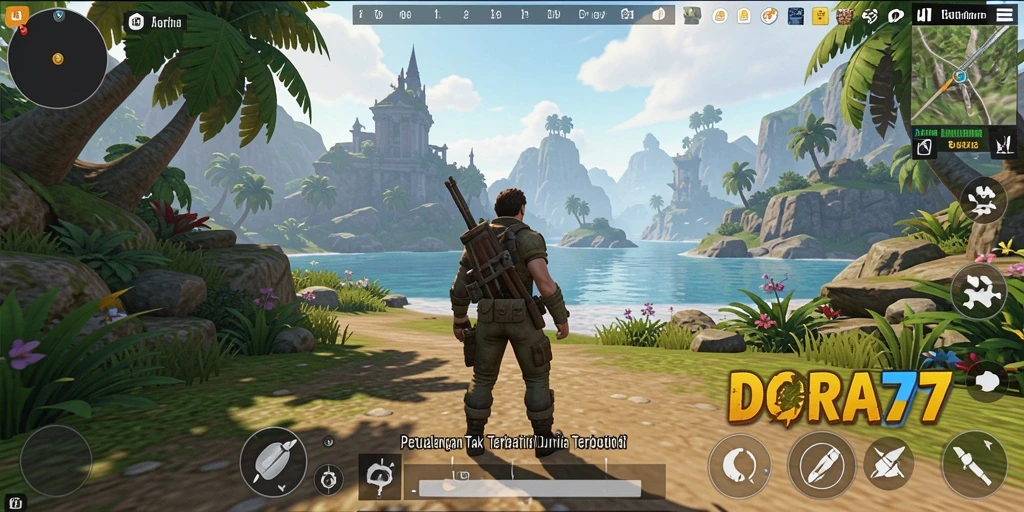 Screenshot dari gameplay DORA77 menampilkan petualangan di dunia terbuka.