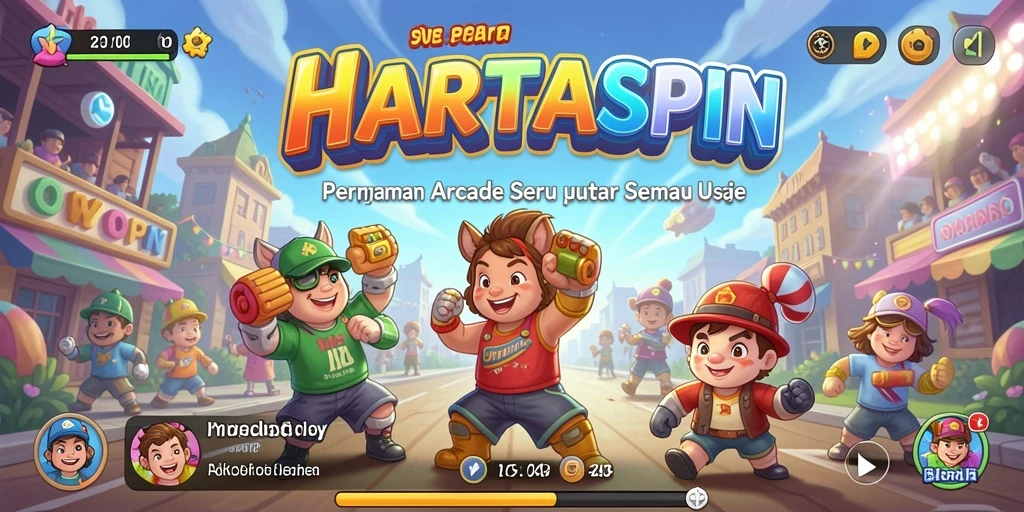 Screenshot utama HARTASPIN menampilkan aksi gameplay Arcade yang penuh warna.