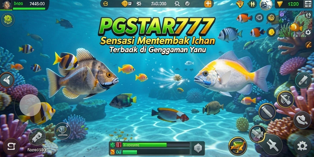 Tampilan inti gameplay PGSTAR777 dengan ikan berwarna-warni dan senjata hebat.