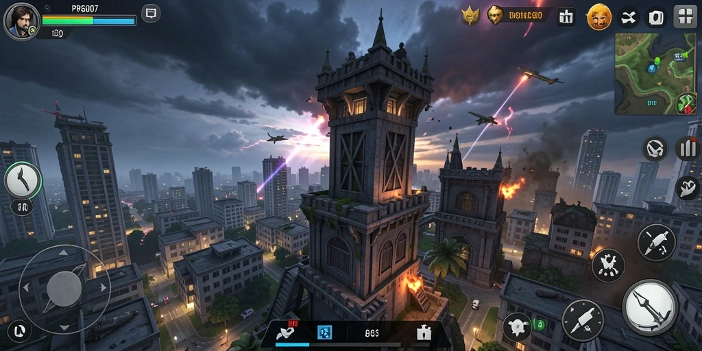 Tangkapan layar gameplay PRG007 menampilkan strategi menara dan serangan musuh.