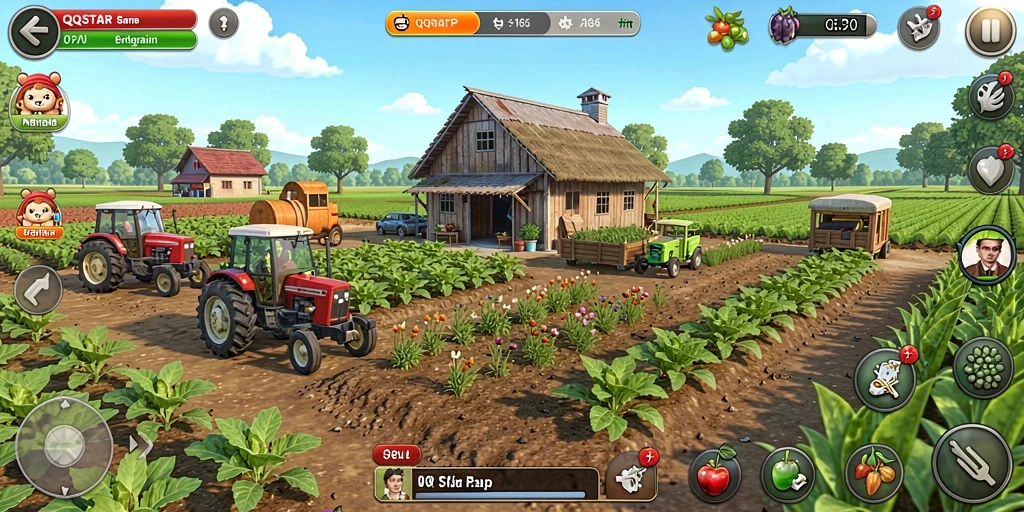 Screenshot utama QQSTAR menampilkan gameplay bertani yang seru dan interaktif.