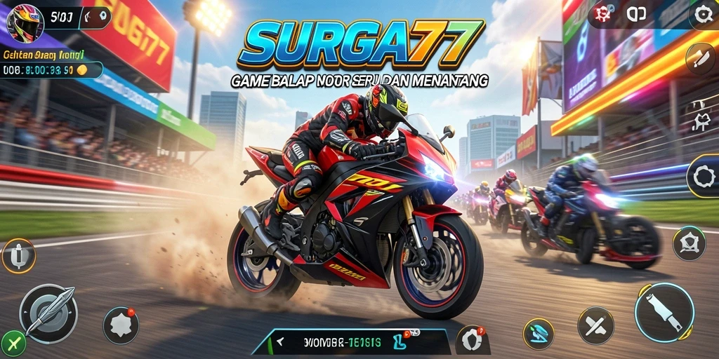 Tampilan gameplay seru di SURGA77 dengan balapan motor yang dinamis.