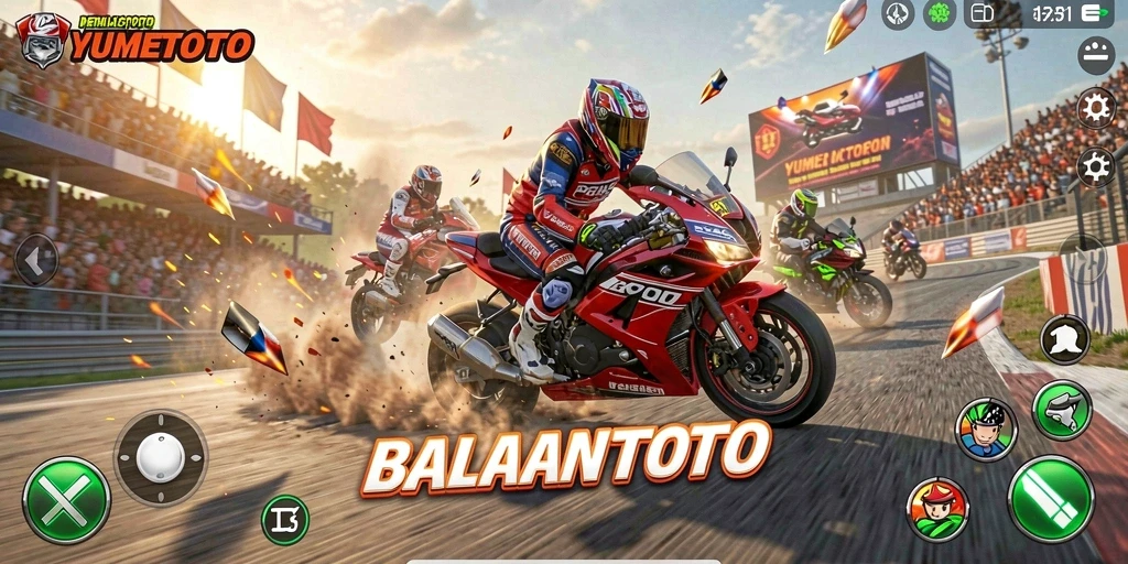 Gameplay YUMETOTO menampilkan balapan motor yang seru dan menegangkan.